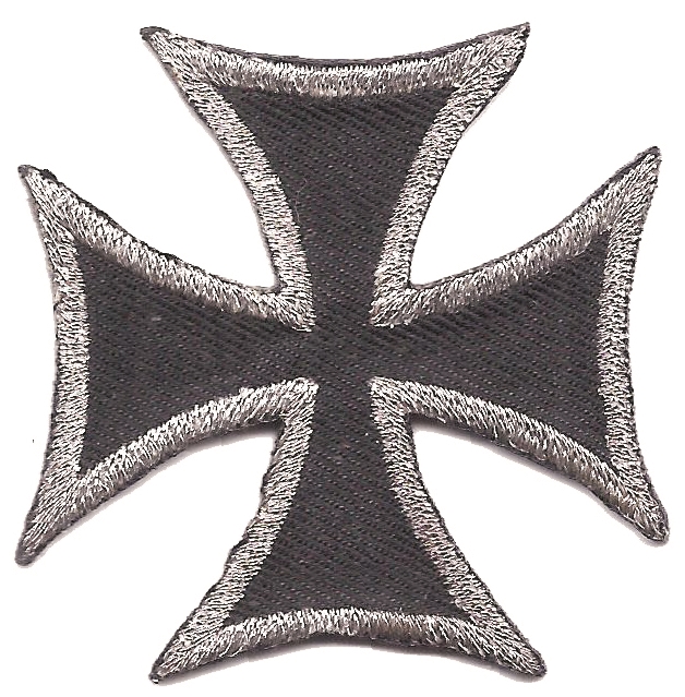 maltese cross embroidered patch: 2, silver-grey on black